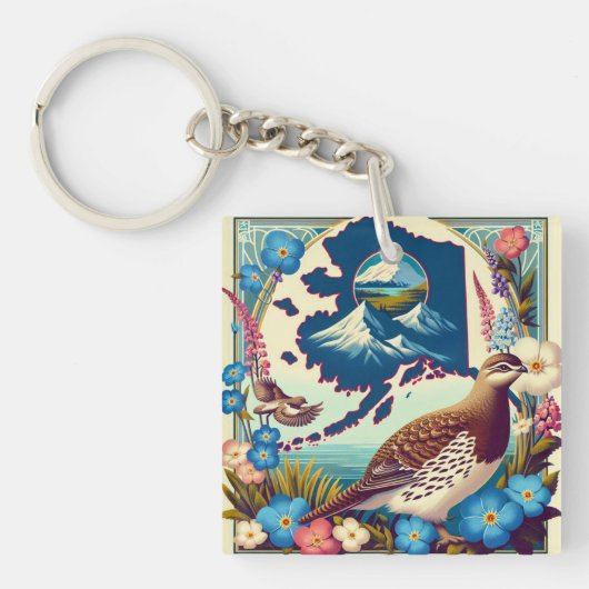 米国アラスカの州の鳥と花のデザイン キーホルダー (正面)