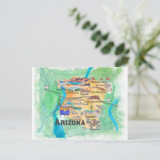 米国アリゾナ州旅行図解入りの、写真付きの地図 ポストカード (スタンド正面)