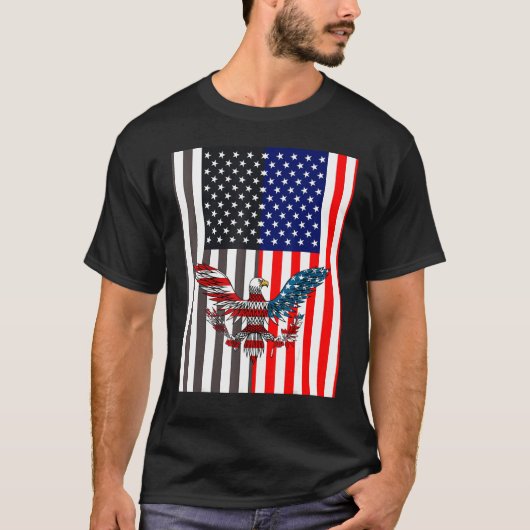 米国イーグルとともに米国国旗の隣の黒国旗 Tシャツ (正面)