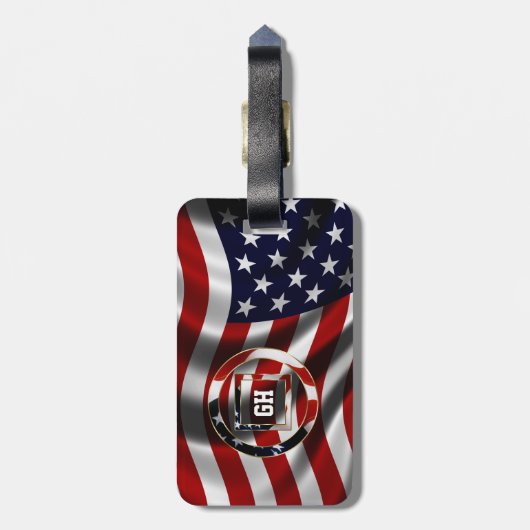 米国エレガント国旗の背景と形状モノグラム ラゲッジタグ (裏面縦)