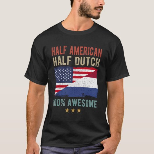 米国オランダ州旗ハーフアメリカン半オランダ Tシャツ (正面)