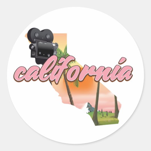 米国カリフォルニア地図ポスター ラウンドシール (正面)