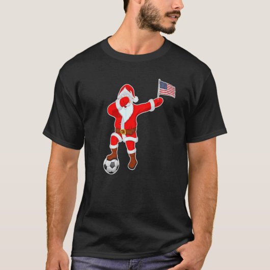 米国サッカークリスマスサンタクロース米国国旗 Tシャツ (正面)