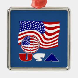 米国サッカーボールと国旗 メタルオーナメント