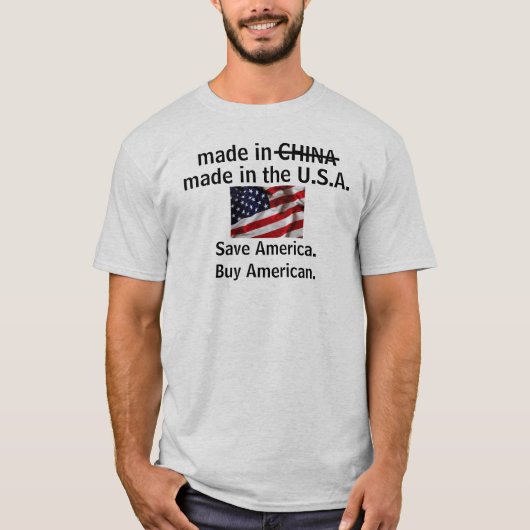 米国サポートアメリカで作られる。 買物のアメリカ人 Tシャツ (正面)
