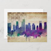 米国シカゴ |水彩都市スカイライン ポストカード (正面/裏面)