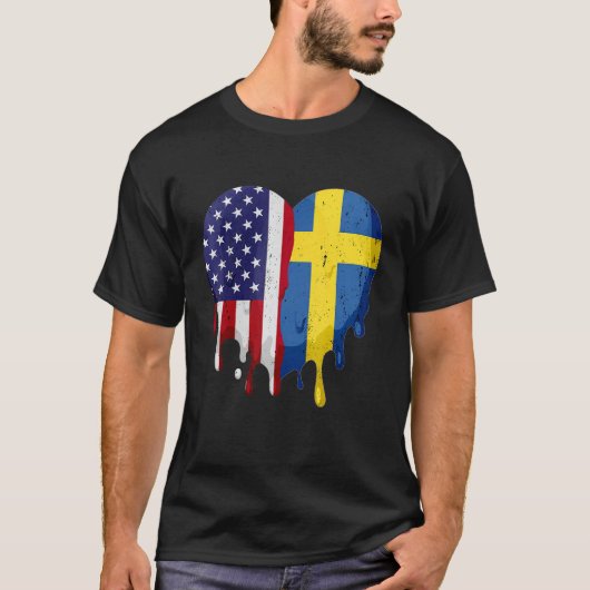 米国スウェーデン伝統月スウェーデン国旗のハート Tシャツ (正面)