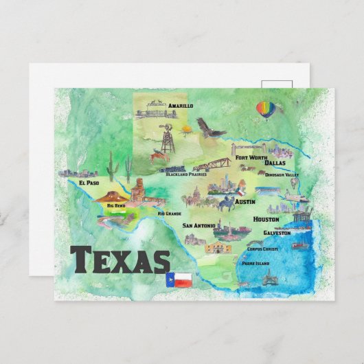 米国テキサス州旅行地図とハイライト ポストカード (正面/裏面)