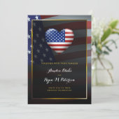 米国ハート国旗 |金ゴールドフレーム |ラグジュアリー結婚ズ 招待状 (スタンド正面)