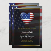米国ハート国旗 |金ゴールドフレーム |ラグジュアリー結婚ズ 招待状 (正面/裏面)
