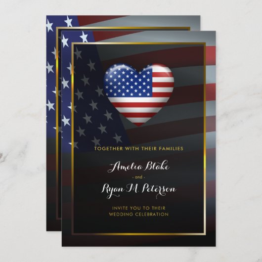 米国ハート国旗 |金ゴールドフレーム |ラグジュアリー結婚ズ 招待状 (正面/裏面)