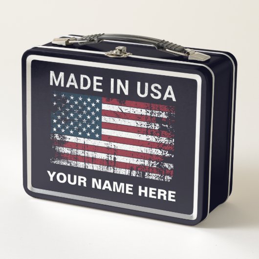 米国パーソナライズされたで作られたアメリカ国旗ヴィンテージ メタルランチボックス (正面)