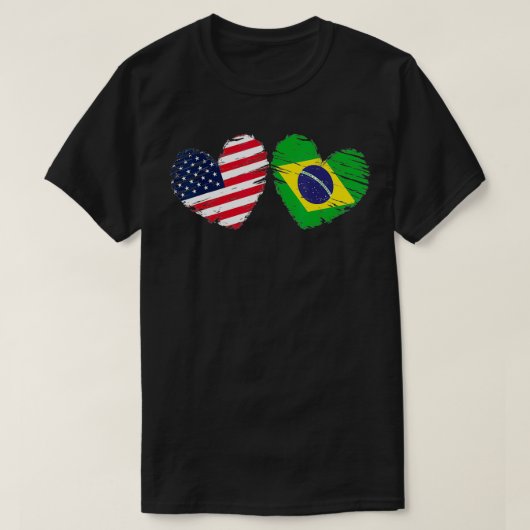 米国ブラジル国旗ハートバレンタインデー Tシャツ (デザイン正面)