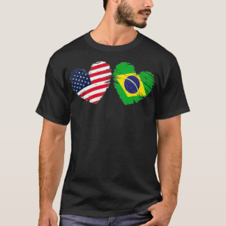米国ブラジル国旗ハートバレンタインデー Tシャツ