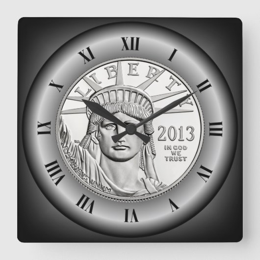 米国プラチナ·リバティ·コイン~ローマ数字~ スクエア壁時計 (正面)
