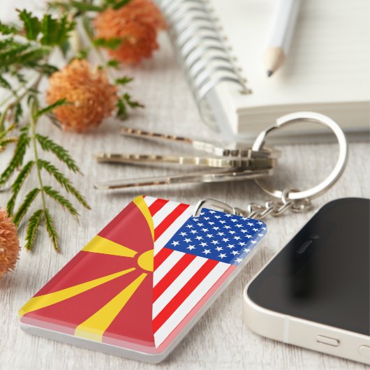 米国マケドニア国半国旗のアメリカ キーホルダー (正面右)