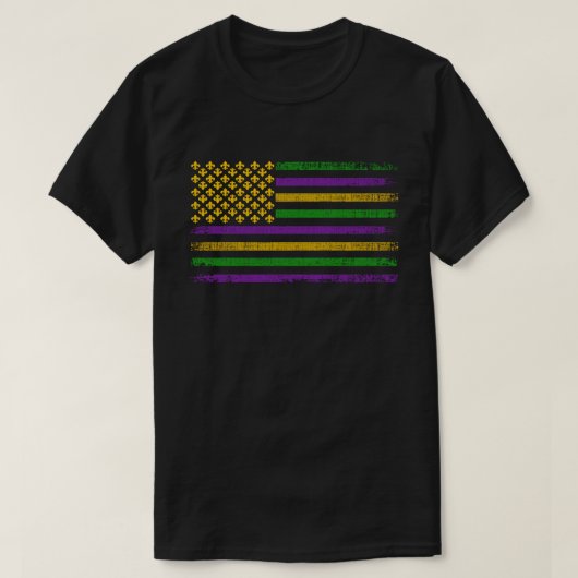 米国マルディグラ国旗と（紋章の）フラ・ダ・リ愛国心 Tシャツ (デザイン正面)