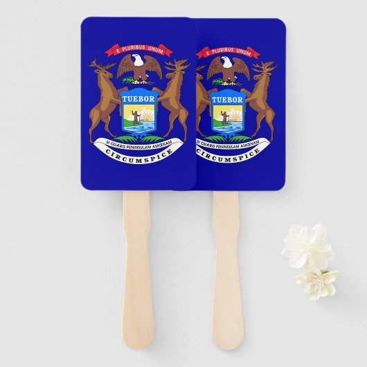 米国ミシガン州旗を持つハンドファンのセット ハンドファン (正面&裏面)