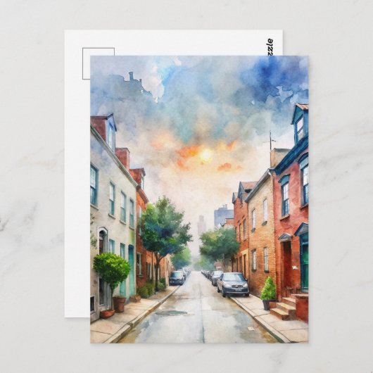 米国メリーランド州ボルチモア通り水彩 ポストカード (正面/裏面)