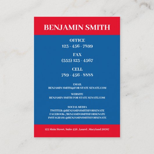 米国モダン政治家の政治運動 名刺 (裏面)