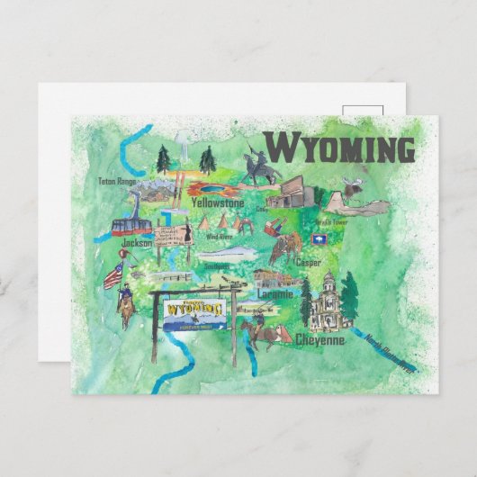 米国ワイオミング図解入りの、写真付きの旅行地図 ポストカード (正面/裏面)
