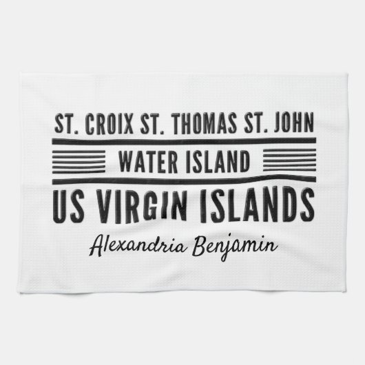 米国ヴァージン諸島カリブのUSVIパーソナライズ名 キッチンタオル (横)