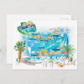 米国ヴァージン諸島図解入りの、写真付きの旅行マップ ポストカード (正面/裏面)