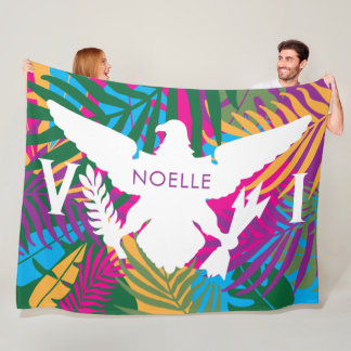 米国ヴァージン諸島国カラフル旗、熱帯葉 フリースブランケット