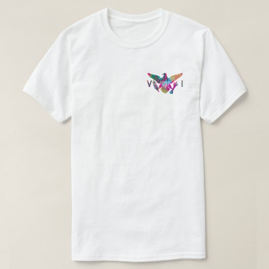 米国ヴァージン諸島国旗カラフル、トロピカル葉 Tシャツ (デザイン正面)