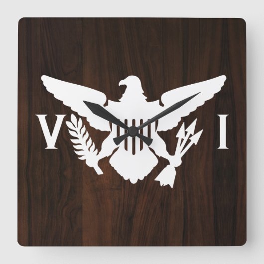 米国ヴァージン諸島国旗ホワイト&ダークウッド スクエア壁時計 (正面)
