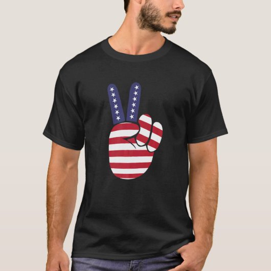 米国勝利指アメリカ国旗の平和サイン Tシャツ (正面)