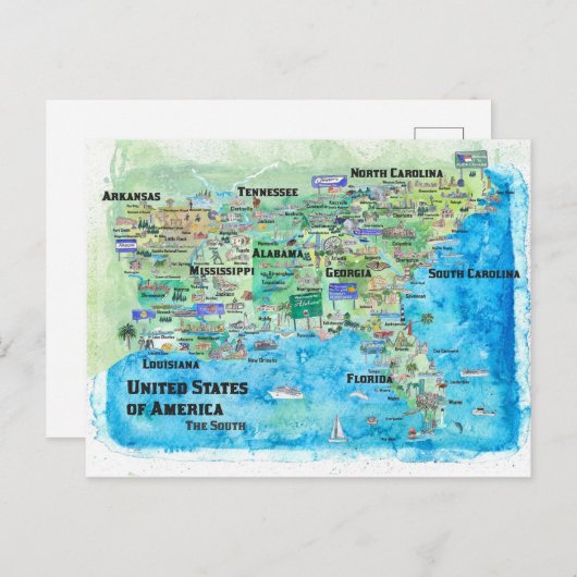 米国南部州旅行地図フロリダ州ルイジアナ ポストカード (正面/裏面)