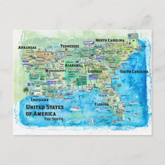 米国南部州旅行地図フロリダ州ルイジアナ ポストカード (正面)