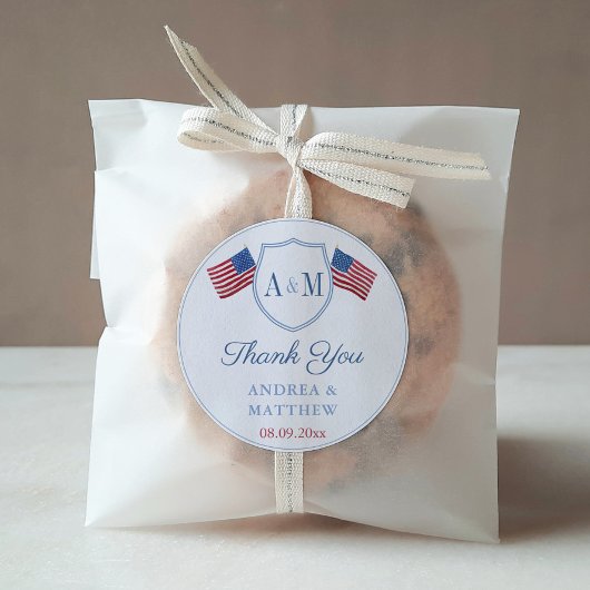 米国名門私立校風の国旗モノグラム結婚式の引き出物ありがとう ラウンドシール