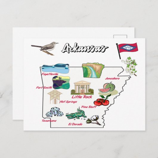 米国図解入りの、写真付きののアーカンソーの地図 ポストカード (正面/裏面)