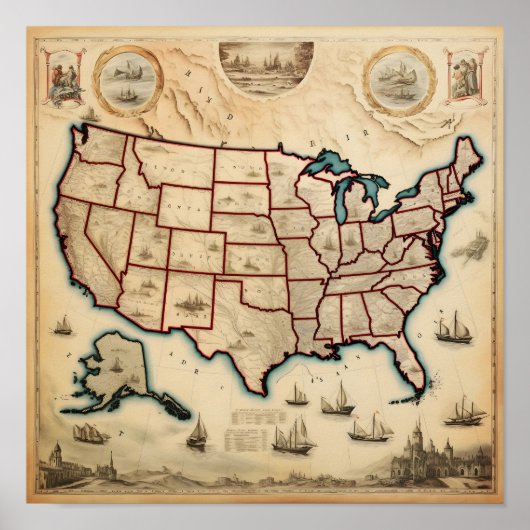 米国図解入りの、写真付きのの地図 ポスター (正面)