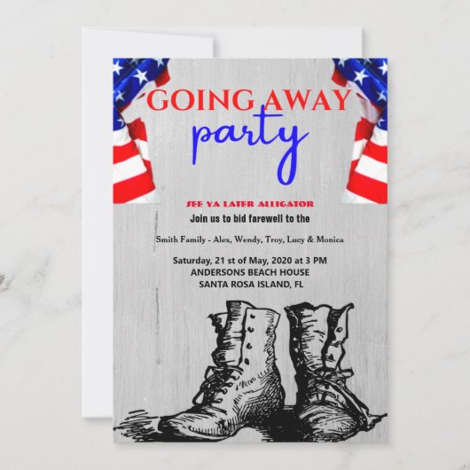 米国国旗とブーツの遠くにパーティー|軍隊 招待状 (正面)