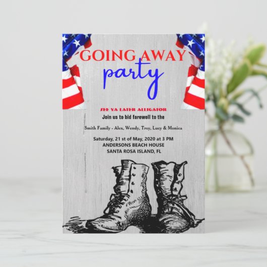 米国国旗とブーツの遠くにパーティー|軍隊 招待状 (スタンド正面)