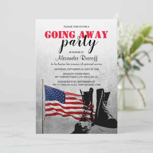 米国国旗とブーツの遠くにパーティー|軍隊 招待状 (スタンド正面)