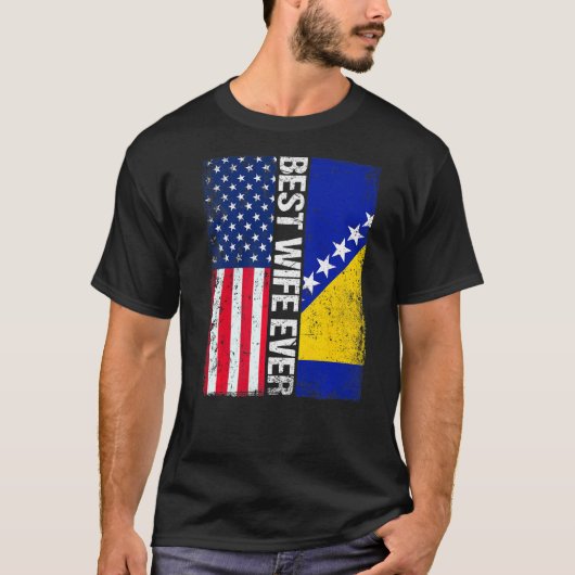 米国国旗とボスニア・ヘルツェゴビナ最高の国国旗E Tシャツ (正面)
