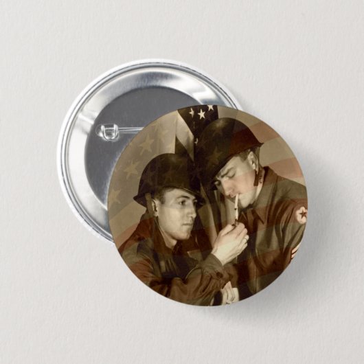 米国国旗とヴィンテージ軍隊写真 缶バッジ (正面&裏面)