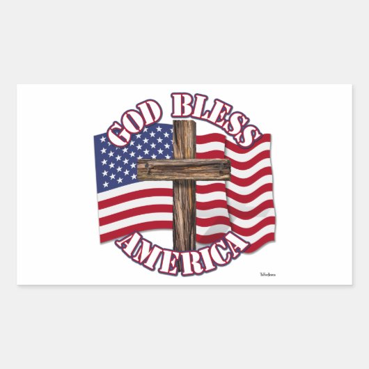 米国国旗と十字架を持つアメリカ人の神の祝福 長方形シール (正面)