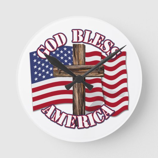 米国国旗と十字架を持つ神の祝福を ラウンド壁時計 (正面)