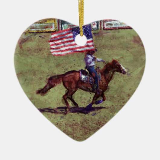 米国国旗と馬の女性のカーボーイアメリカンロデオアート セラミックオーナメント (正面)
