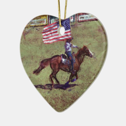 米国国旗と馬の女性のカーボーイアメリカンロデオアート セラミックオーナメント (左)