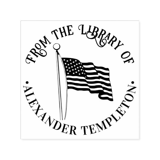 米国国旗なびく図書室ラウンドブック名 セルフインキングスタンプ (デザイン)