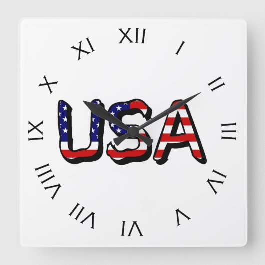 米国国旗に重ね合わせた黒いローマ数字wccn スクエア壁時計 (正面)