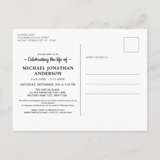 米国国旗のお祝いの生涯の写真葬儀 インビテーションポストカード (裏面)