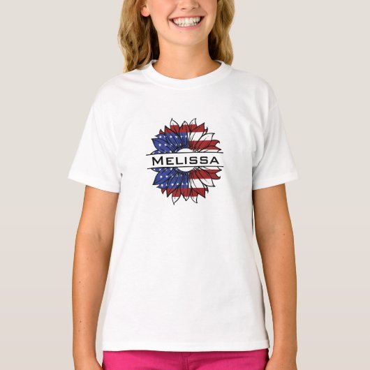 米国国旗のひまわり花と名前ガール Tシャツ (正面)