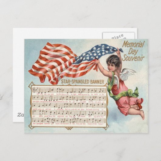 米国国旗のエンジェルCherub星付き旗 ポストカード (正面/裏面)
